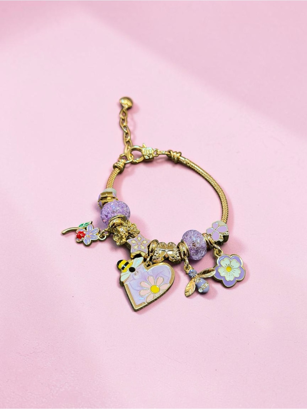 Gold-Tone Bracelet with Lavender Flower Charms